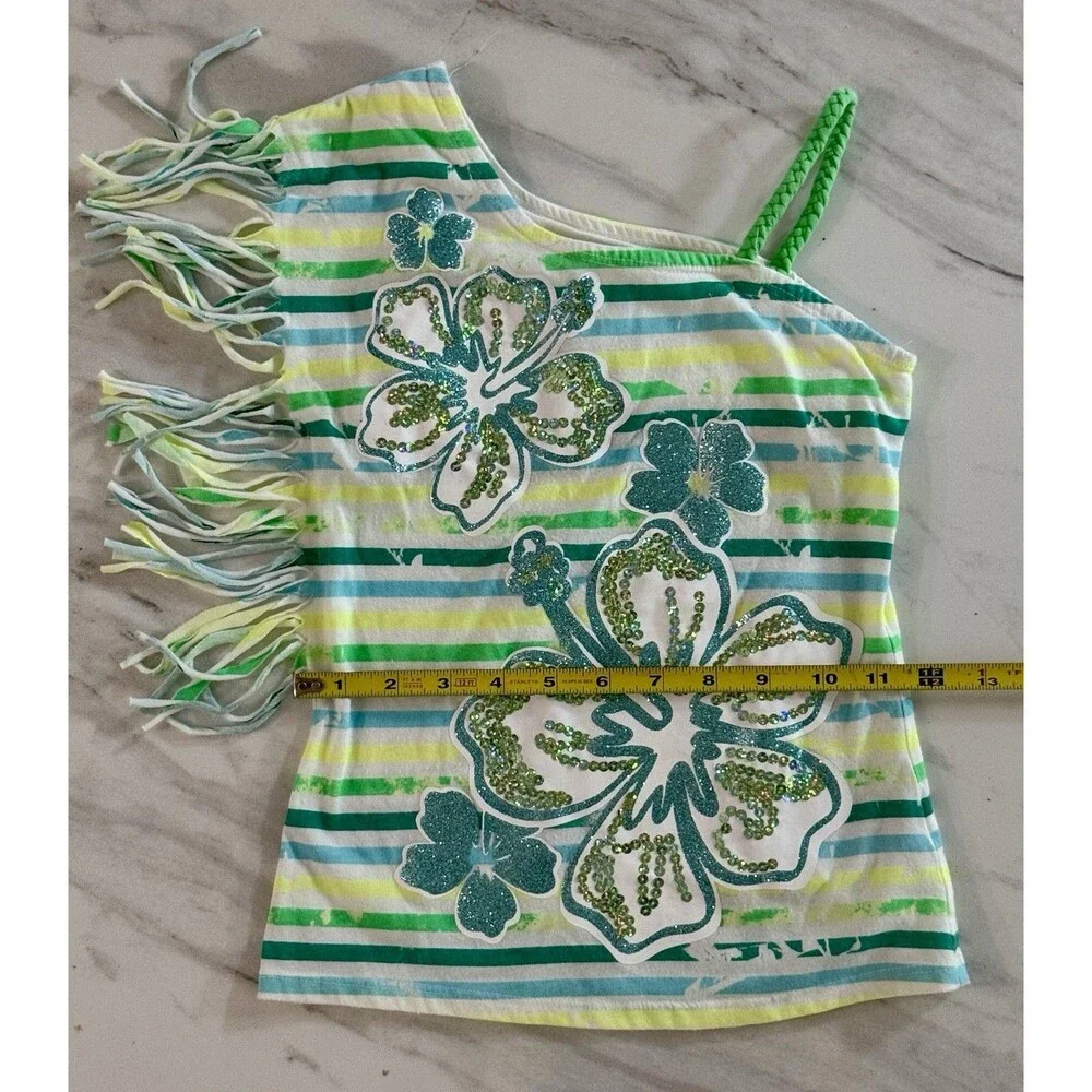CuteJustice Girls One Strap Top Green Shelf Bra Stripes Fringes Size 7